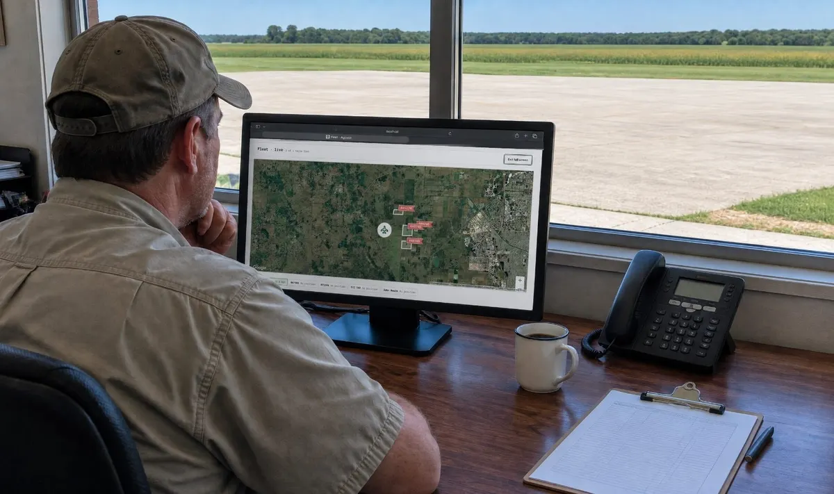 Operations manager watching live fleet tracking with aircraft on the ramp outside